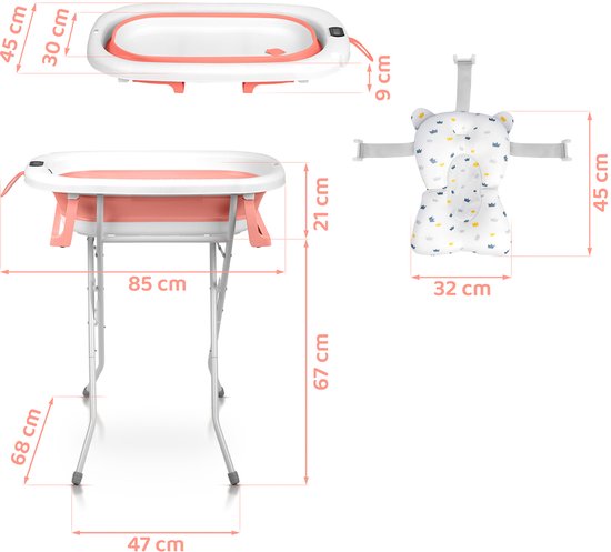 Opvouwbaar babybadje met standaard, thermometer en inzetstuk Ricokids RK-287 wit-roze — afbeelding 2