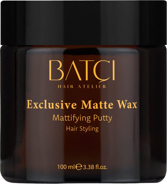 Pot brun avec couvercle noir, avec "BATCI HAIR ATELIER Exclusive Matte Wax Mattifying Putty Hair Styling 100 ml 3.38 fl.oz."