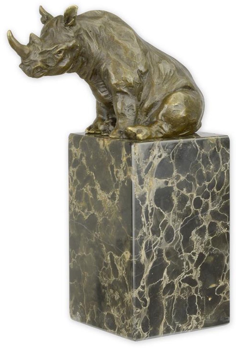 Neushoorn Beeld - Bronzen Beeld op Marmer Sokkel - Brons Sculptuur Figuur - Kunst Beelden Decoratie - Gesigneerd Kunstwerk met Officiële Brons Stempel - Woondecoratie Beelden - Beeldhouwkunst Cadeau
