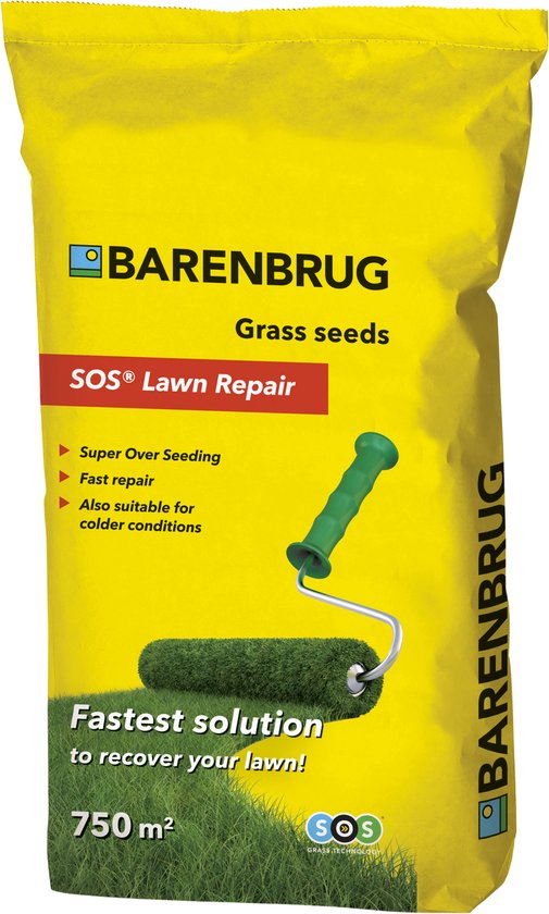 Sac jaune de semences Barenbrug SOS Lawn Repair pour 750 m², avec rouleau de peinture vert et rouleau d'herbe.