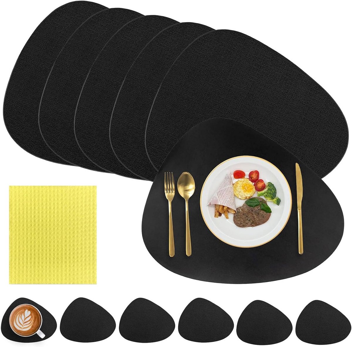 6x Hittebestendige & Afwasbare Placemats Leer - Dubbelzijdig Tafelsets Zwart 41x34cm