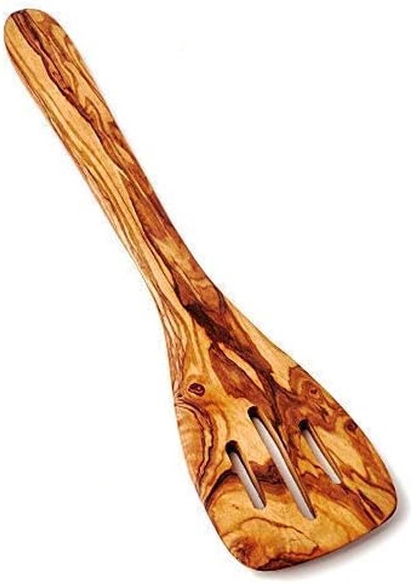 Houten Spatel van Olijfhout - 30 cm - Keukengerei met Drievoudige Sleuf