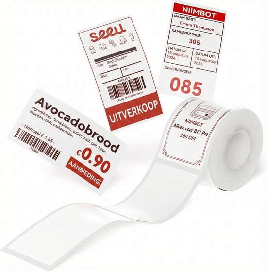Verschillende NIIMBOT labels en een rol met witte labels, waaronder een label voor 'Avocadobrood'.