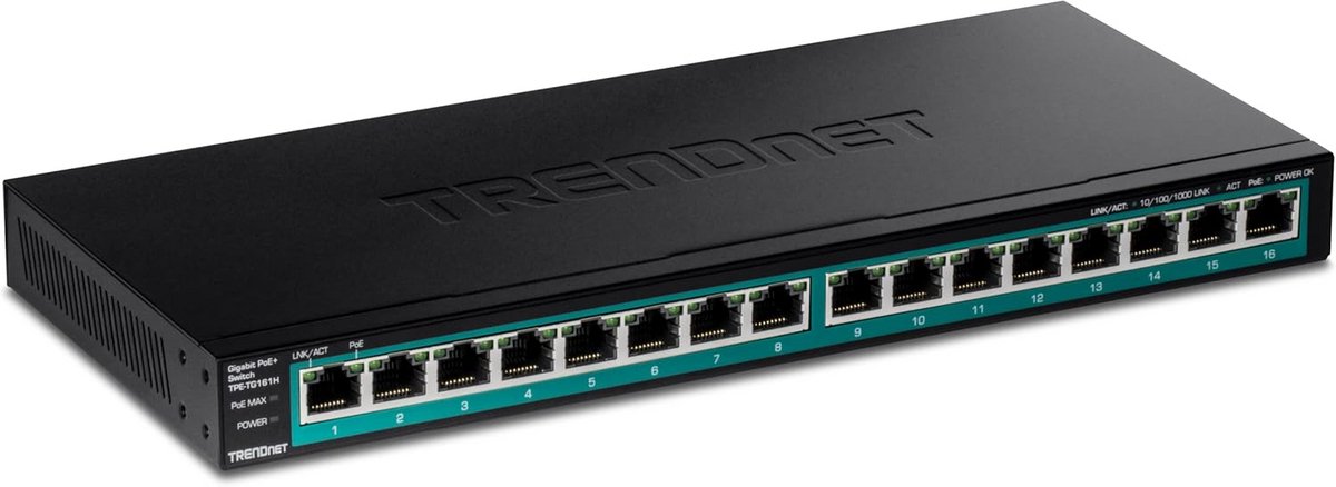 16-poorts Gigabit PoE+ Switch met 120W Budget, 19 inch Rackmontage