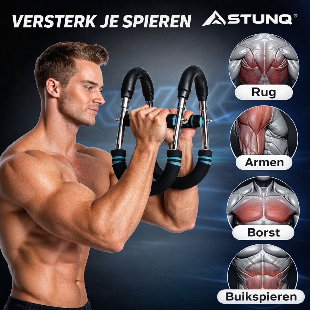 Stunq® Armtrainer Power Twister 30–50 kg – Verstelbare Borst- & Armtrainer – U-vormige Krachtstang – Full-Body Fitnessapparaat voor Thuis, Kantoor & Reizen Zwart