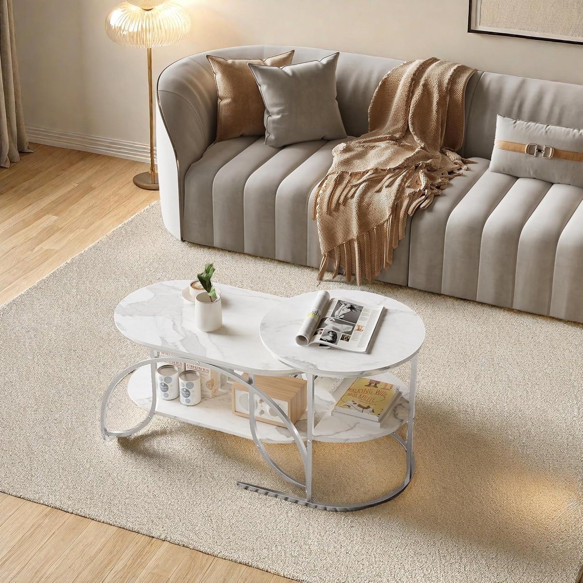 Set van 2 Ronde Salontafels met Marmeren Blad en Gouden Metalen Frame