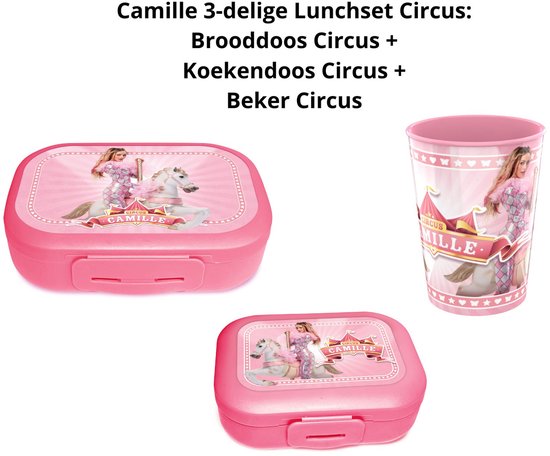 Set de déjeuner rose avec imprimé cirque : boîte à pain, boîte à biscuits et gobelet avec Camille et un cheval.