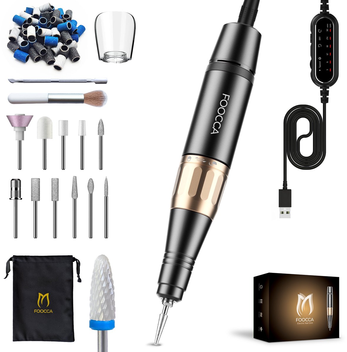 FOOCCA® Elektrische Nagelvijl - Nagelfrees 30000 RPM - Bedraad - Pen Ultra - 12 Bitjes + 65 Schuurrolletjes + 3 Accessoires - Nagelstofkap - Manicure en Pedicure Set - Ergonomische Aluminium Behuizing - Eeltverwijderaar - Kalknagels