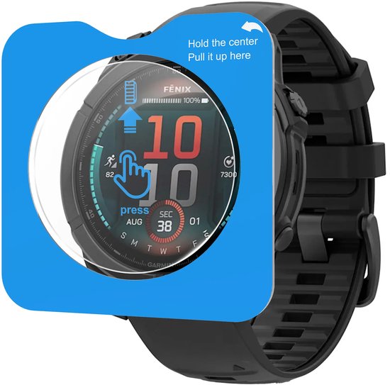 Zwarte Fenix smartwatch met schermprotector. Het scherm toont de tijd '10 10', datum en sporticoontjes.
