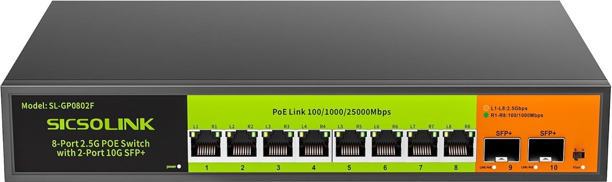Onbeheerde 10-Poorts 2.5G PoE+ Switch met 8x 2.5G PoE+ en 2x 10G SFP+ Uplinks