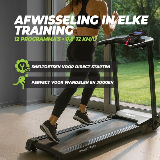 Vrouw op zwarte loopband VirtuFit TR-50i, 12 programma's, 0,8-12 KM/H.