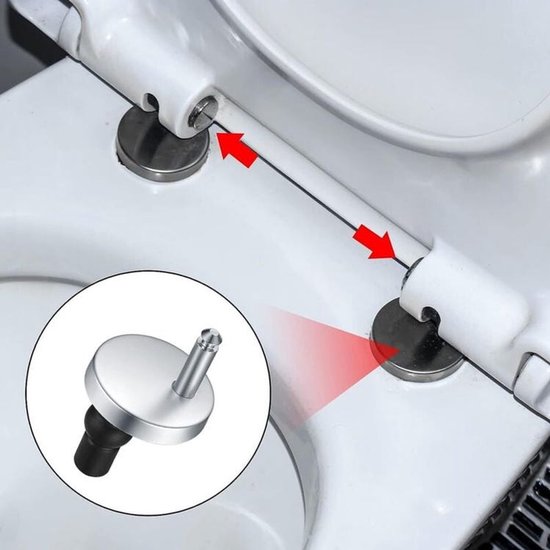 Toiletbril scharnieren gemonteerd op een witte toiletpot. Een detail toont de zilveren dop en zilveren pin.