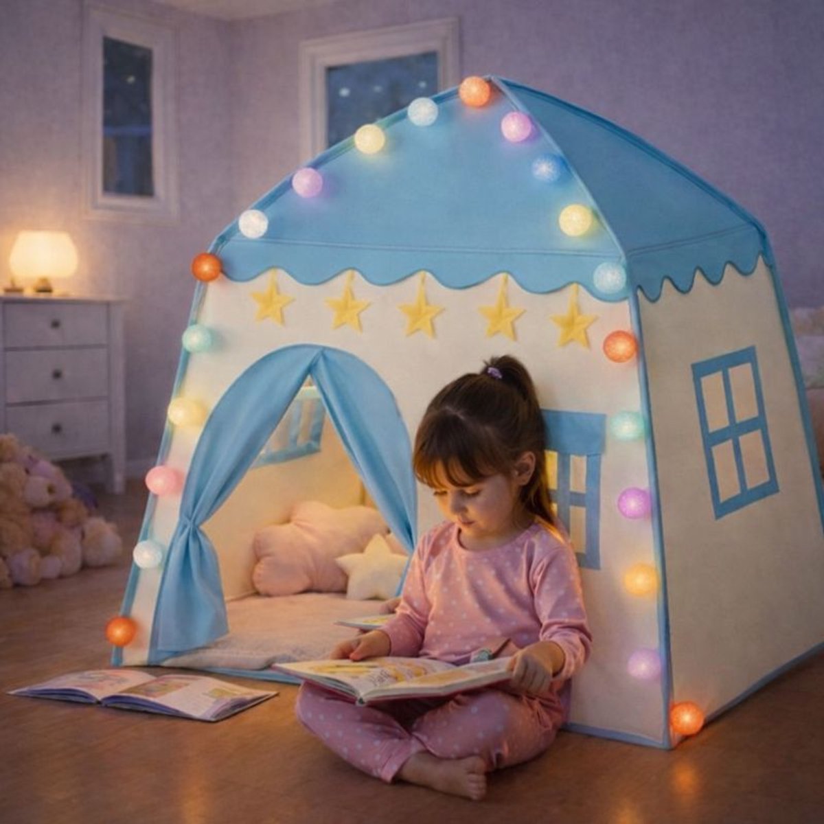 Goodz4All Blauwe Speeltent Speelhuisje Kindertent Tent met Verlichting Ledlampjes en Clips — afbeelding 2