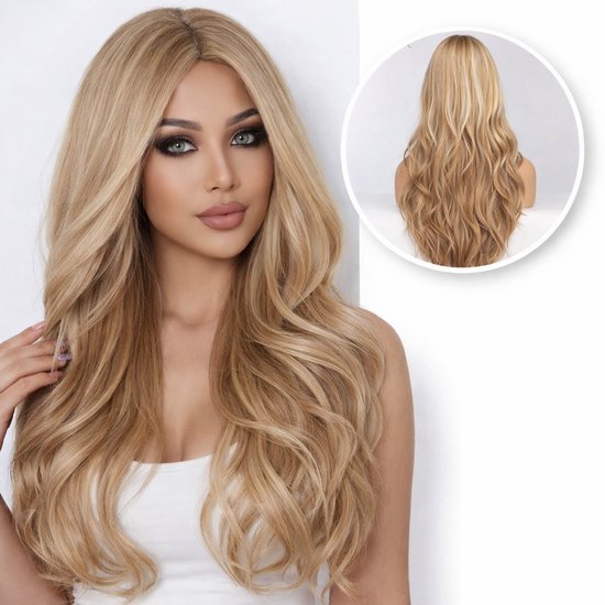 Lang golvend blond pruik met highlights, gedragen door een vrouw met groene oogmake-up.