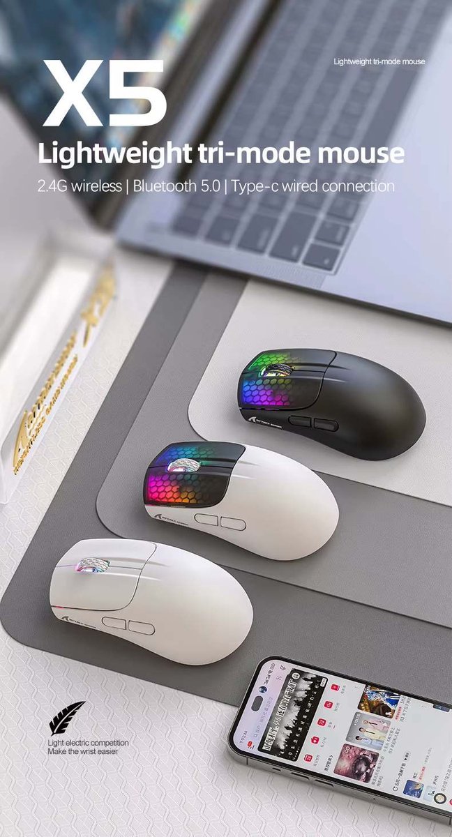 Attack Shark X5 RGB Gaming Muis Draadloos & Bedraad, 3 Modi (BT/2.4G/USB), Lichtgewicht E-sports thumbnail 5