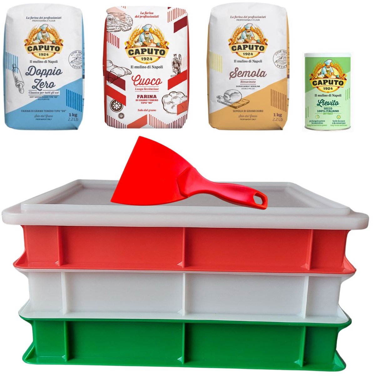 Startset Pizza deegkratten Tricolore met spatel, bloem, semola en gist