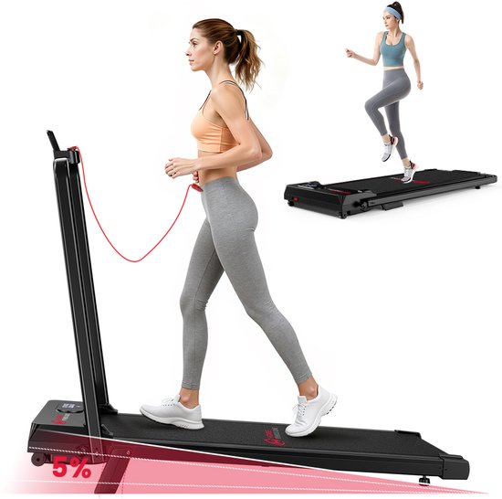 HOMEFITNESSCODE 3-in-1 opvouwbare loopband met 5% helling - Inklapbaar loopband Elektrisch met armleuningen - 1-6 km/u - 2,5 pk motor - afstandsbediening - LED-scherm - 120 kg draagvermogen - Geluid<40db - Zwart