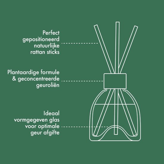 Schematische tekening van een glazen diffuser met houten stokjes en teksten over de formule.