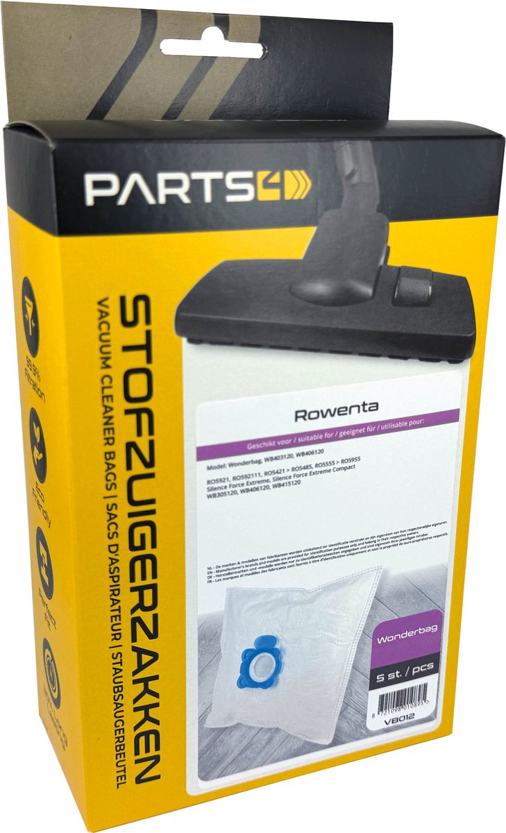 5 Stofzuigerzakken PARTS4® geschikt voor Rowenta Wonderbag series | Made in Europe | Passend in Rowenta Silence Force Extreme, Silence Force Extreme Compact | Alternatief voor origineel WB403120, WB406120