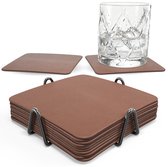 Sous-verres Castagnola en cuir artificiel – Sous-verres pour verres – Sous-verres de design avec support – Ensemble de sous-verres en cuir avec support métallique – Cuir – Set de 10 - Brun - 10x10cm