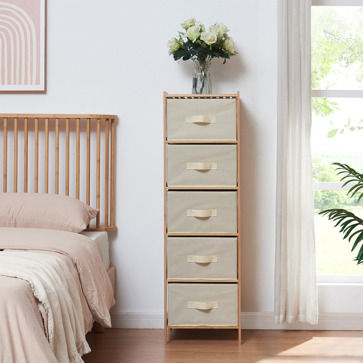 en.casa Ladekast Maldon met stoffen lades 122x37x35 cm naturel en beige [en.casa]