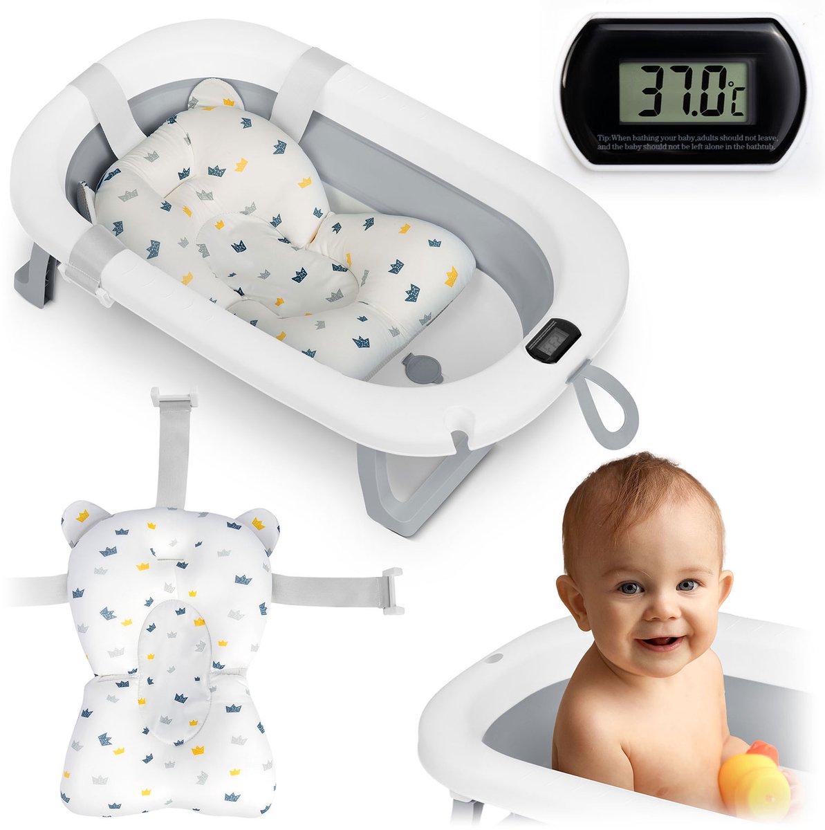 Opvouwbaar babybadje met thermometer en inzetstuk Ricokids RK-287 wit-grijs