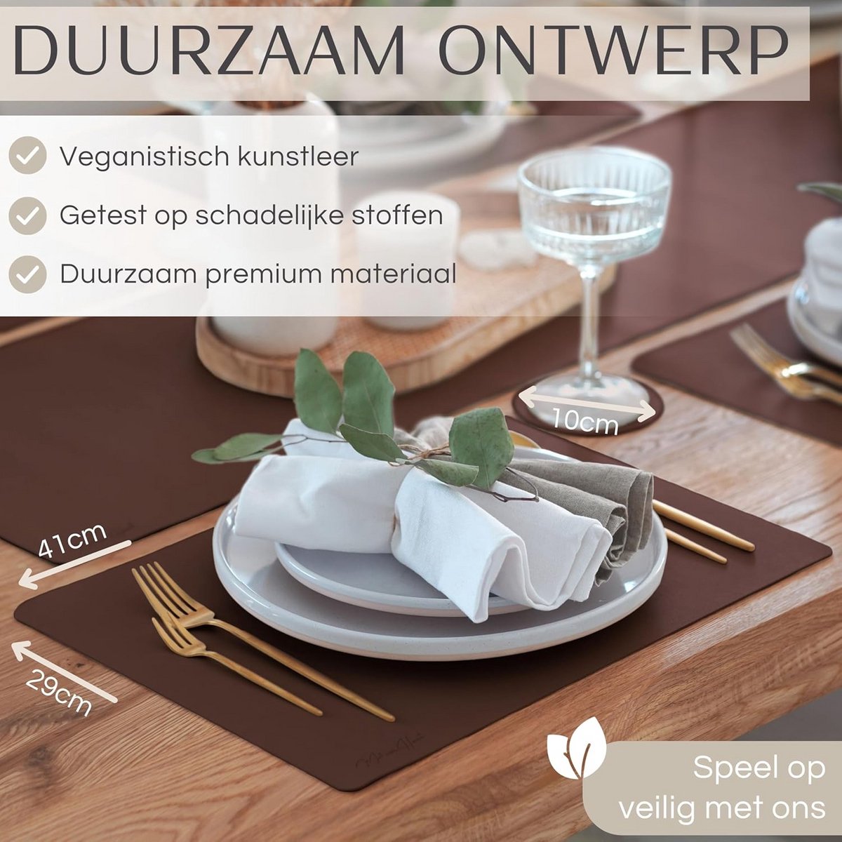 Set van 6 Tafelmatten Kunstleer - Wasbaar en Waterdicht - Vierkant Tafelonderzetter