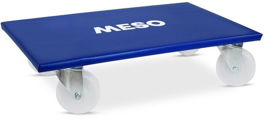Blauwe meubelroller met 'MESO' opdruk en vier witte zwenkwielen.