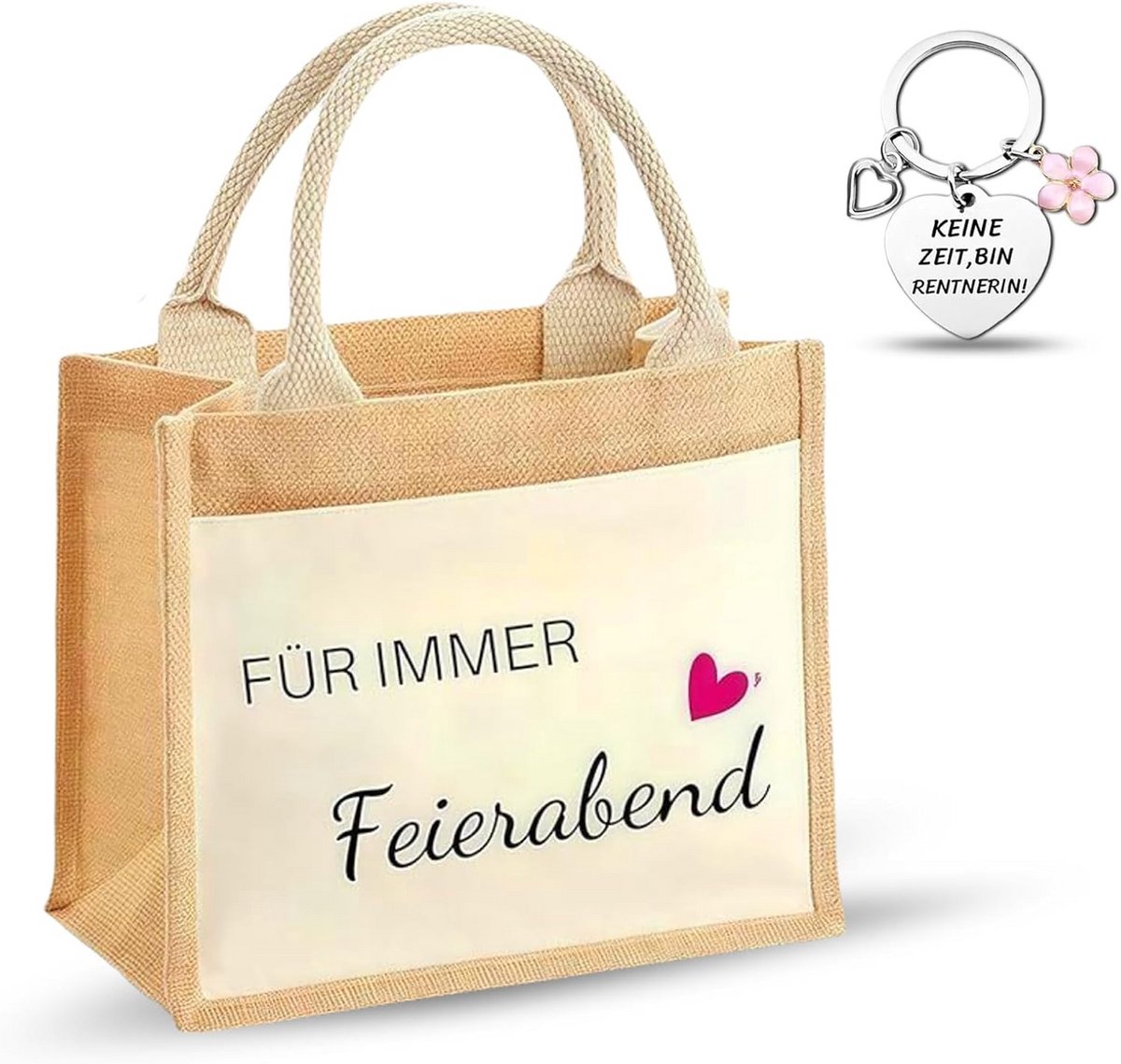 Set van 2 Jute Tassen met Sleutelhanger - Pensioen Cadeau & Afscheidsgeschenk