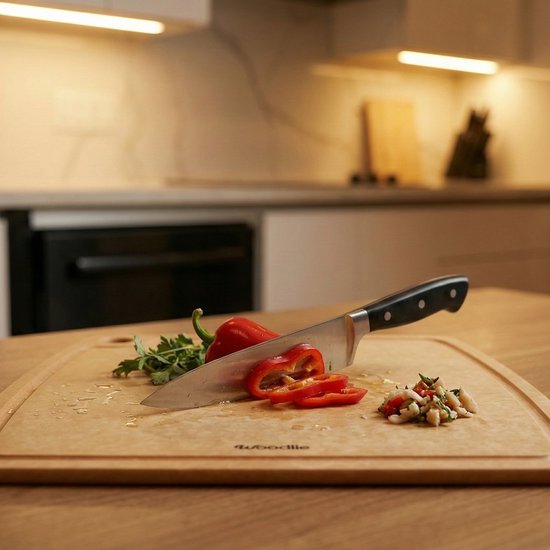 Bruine Woodlie snijplank met een mes, gesneden rode paprika, peterselie en een hoopje chopped ingrediënten.