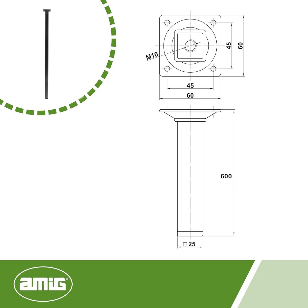 Vierkante meubelpotenset - 60 cm Hoog - Zwart Staal - Inclusief Stelschroef