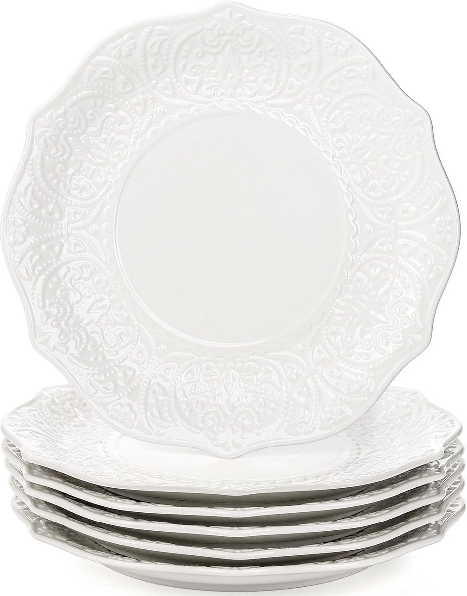 Set van 6 Porseleinen Dessertborden - Kleine Dinerborden voor Salades, Pannenkoeken en Biefstuk - Magnetron en Vaatwasmachinebestendig