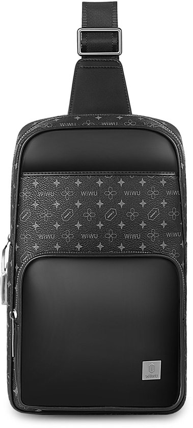 Zwarte crossbody tas met all-over logo-print en glanzend voorvak.