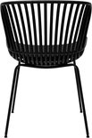 Zwarte tuinstoel met dunne metalen pootjes en een rugleuning van verticale spijlen.