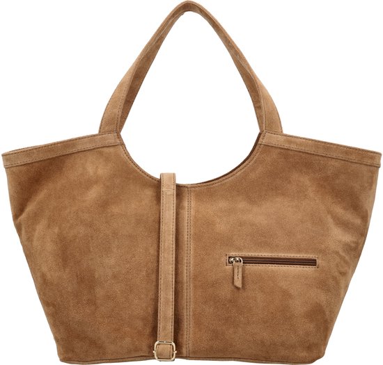 Bruine suède shopper tas met een verstelbare band aan de voorkant en een ritsvak.