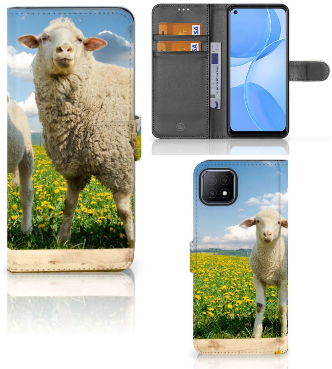 OPPO A73 5G Telefoonhoesje met Pasjes Schaap en Lammetje