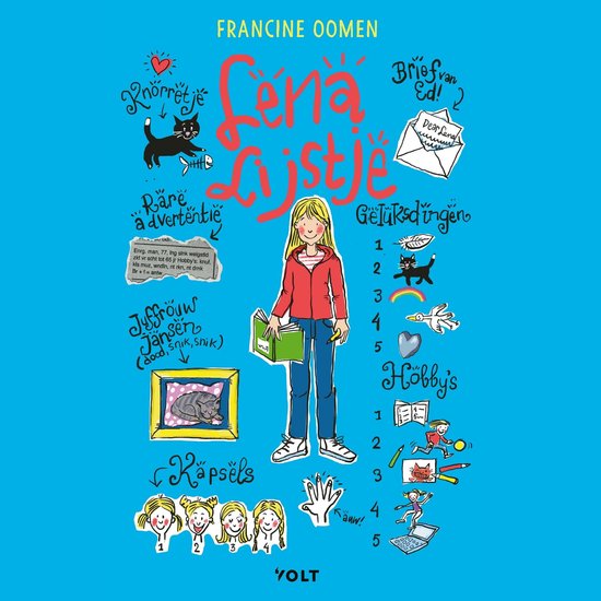 Boekomslag "Lena Lijstje" van Francine Oomen met een tekening van een blond meisje in een rode jas en blauwe broek, omringd door diverse illustraties en tekst.