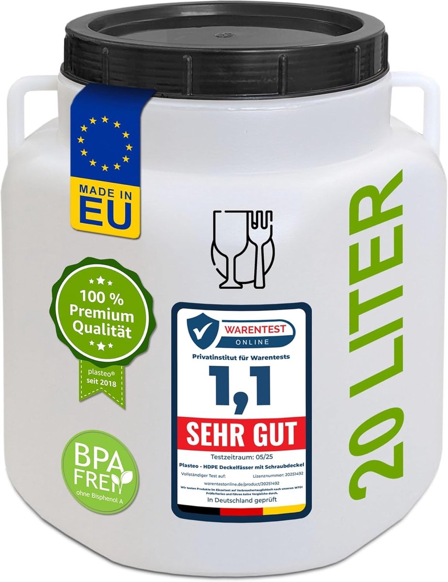 Voederton met brede hals en schroefdeksel - 20 liter kunststof vat