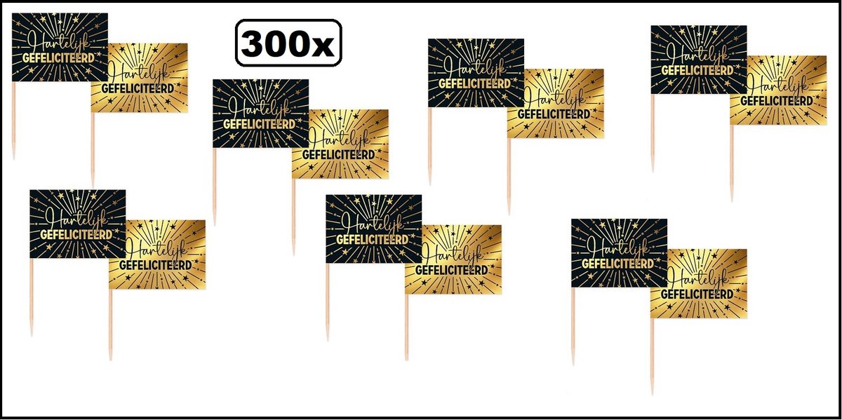 300x Luxe cocktail prikkers Hartelijk Gefeliciteerd goud/zwart- vlag prikkers cocktailprikker festival thema feest verjaardag