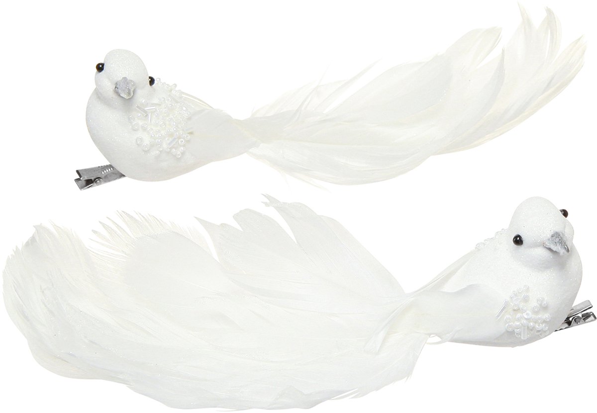 Bruiloftsdecoratie duiven als koppel duiven op clip wit 22cm 2 st, 2 S