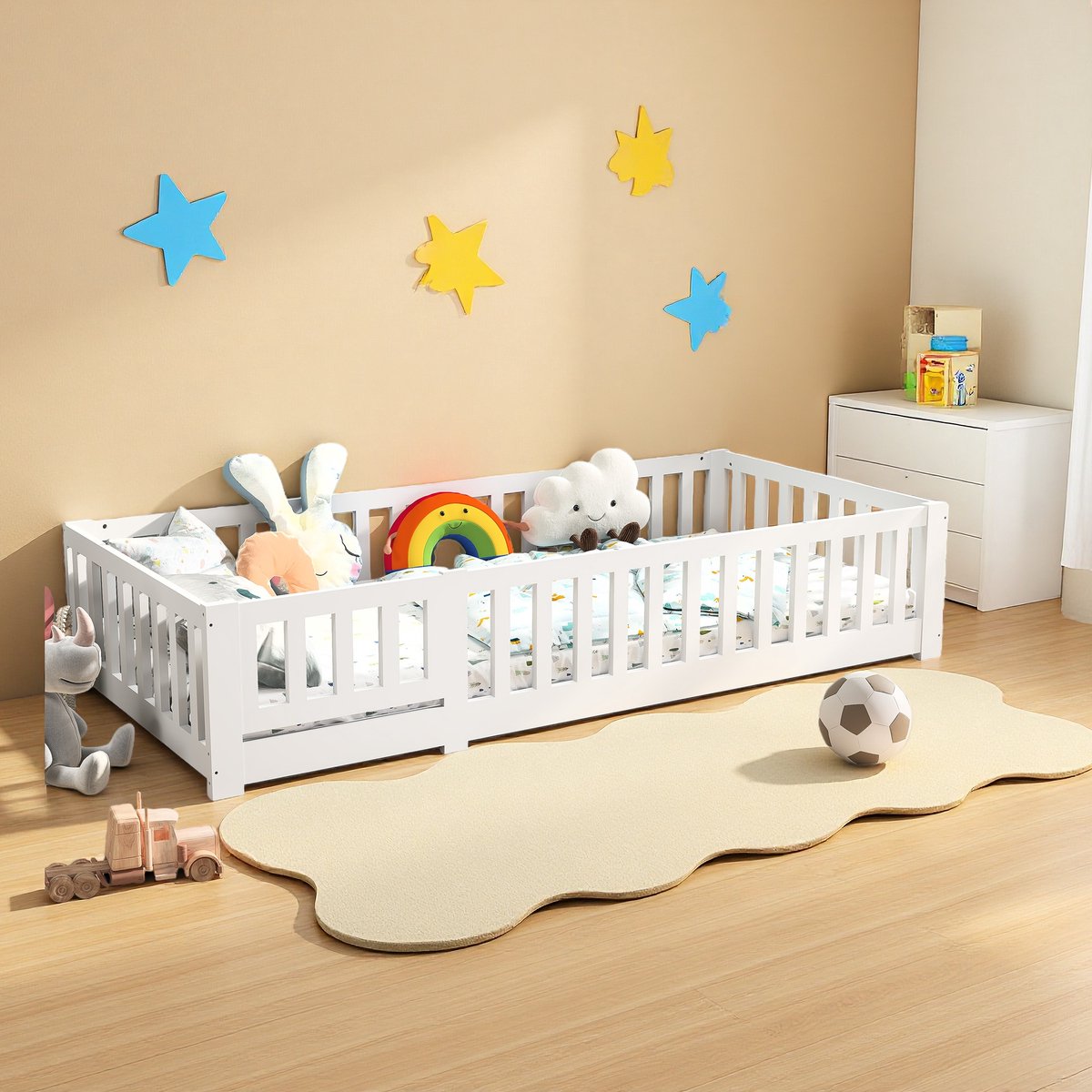 SHOPENTRA Kinderbed 80x160 cm Wit – Massief Grenenhouten Bedframe met Lattenbodem en Valbeveiliging – Stevig Peuterbed / Eenpersoonsbed