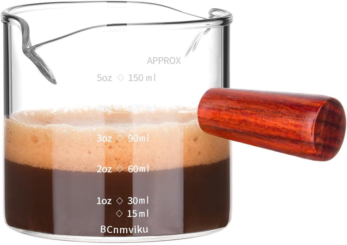 Espressokannetje met Dubbele Tuit en Houten Handvat - 150ml Maatbeker