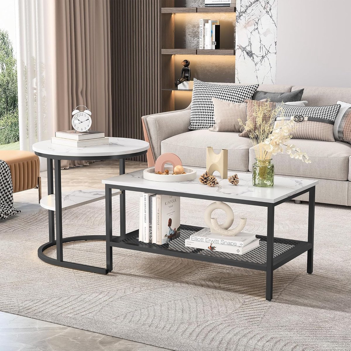 Set van 2 Rechthoekige Stapelbare Salontafels met Marmereffect