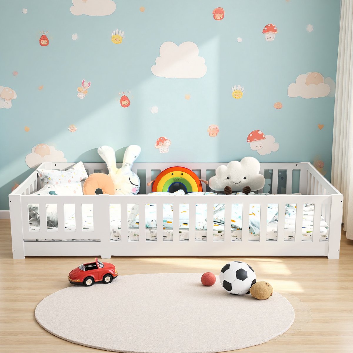 SHOPENTRA Kinderbed 90x190 cm Wit – Massief Grenenhouten Bedframe met Lattenbodem en Valbeveiliging – Stevig Eenpersoonsbed voor Kinderkamer