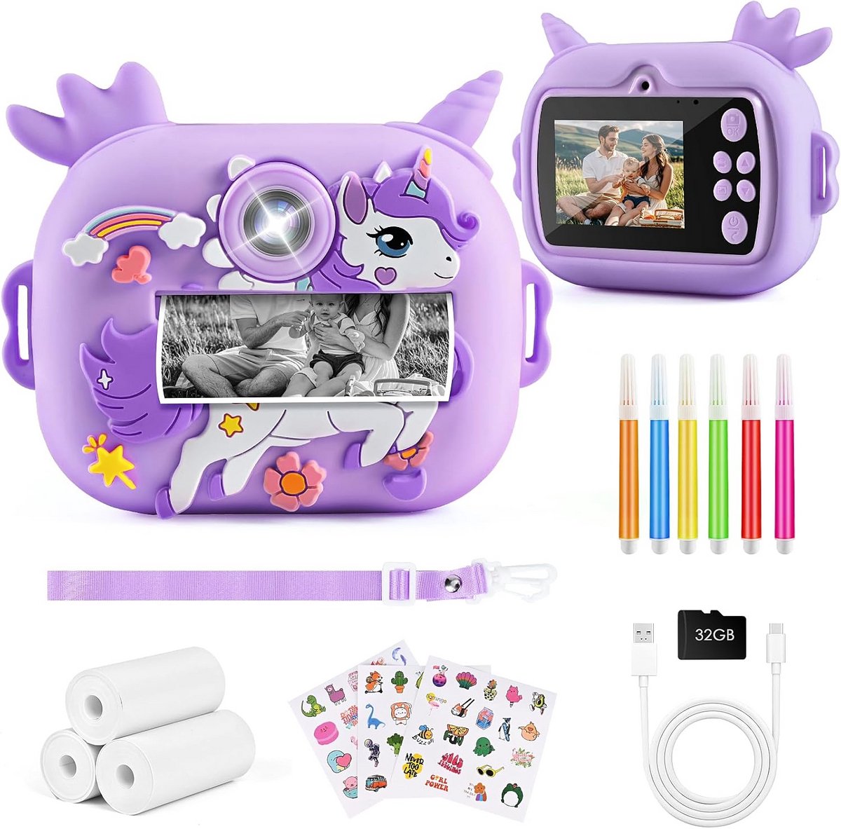Instant Kindercamera 48 MP met 2,4 inch Scherm voor Kinderen - Inclusief 32G-Kaart en Printerpapier