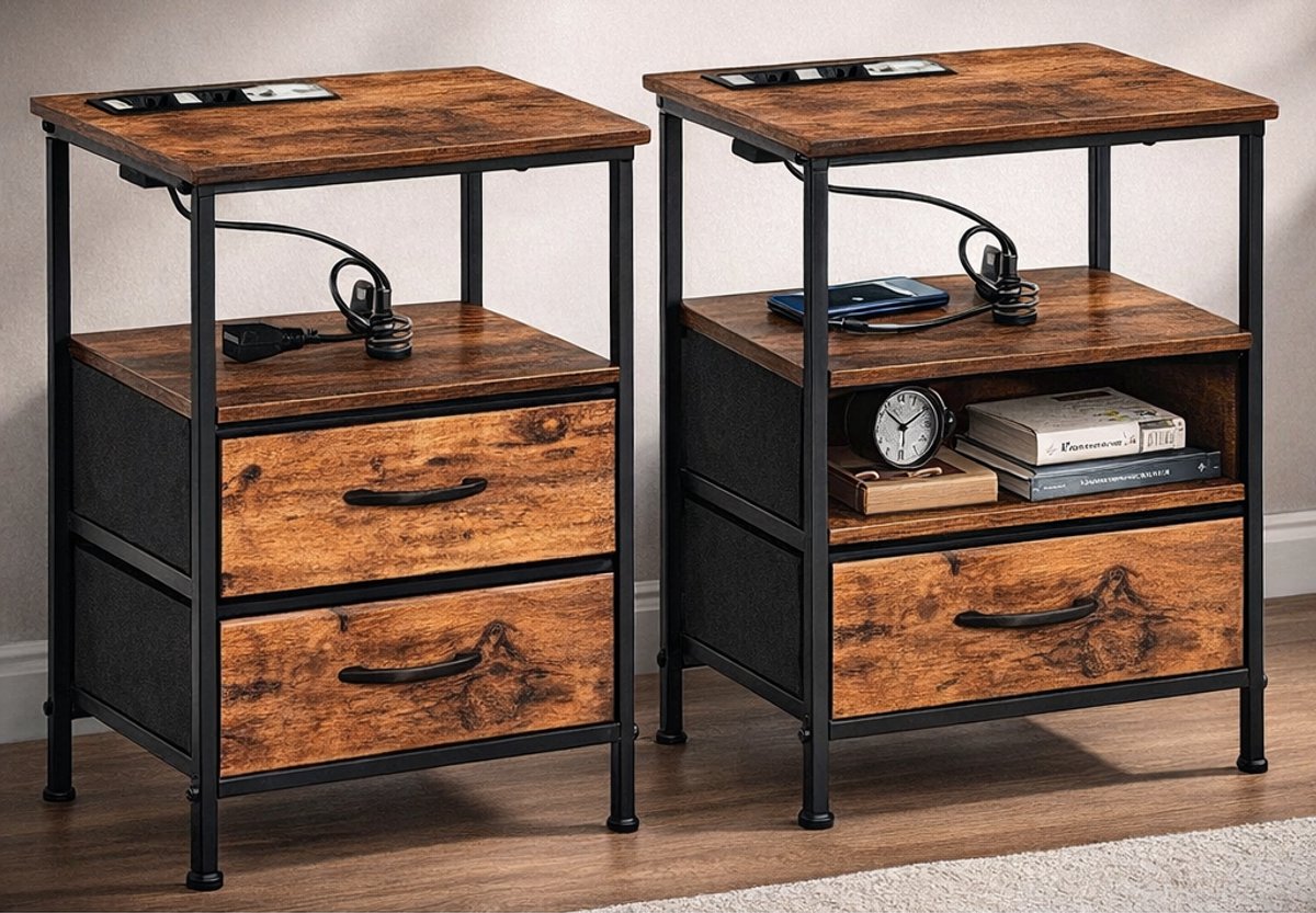 Nachtkastje Set van 2 met Laadstation – 2 Stoffen Laden + Open Planken – 2 Stopcontacten & 2 USB-Poorten – Vintage Bruin/Zwart – Compact & Stevig