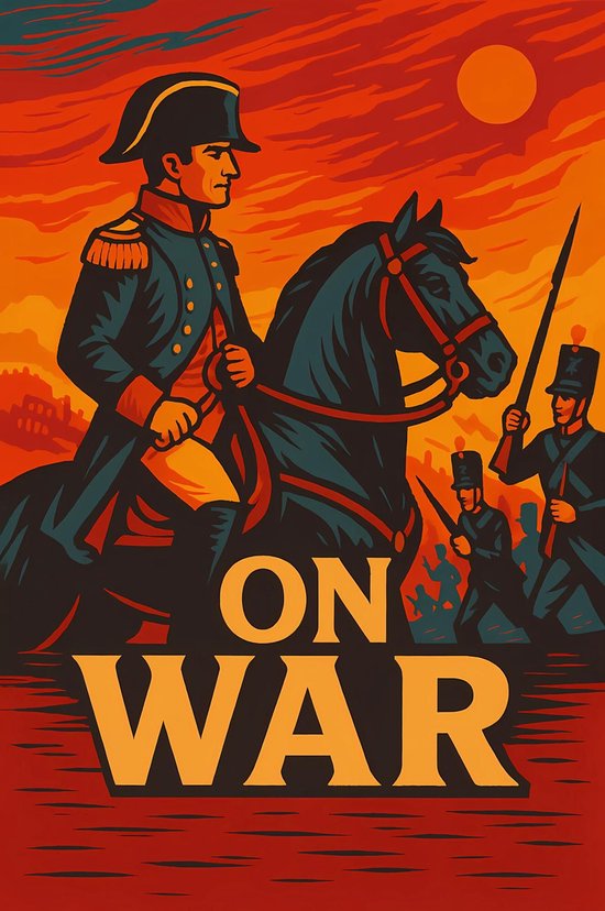 Affiche avec un homme à cheval en uniforme, texte 'ON WAR'. Fond orange et rouge.