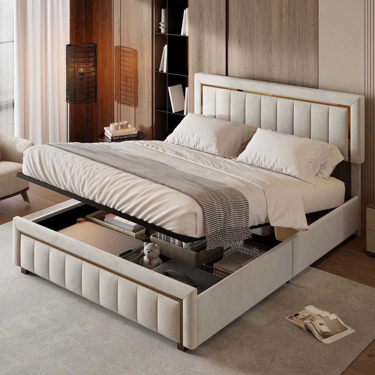 Bedframe – Bed – Bedbodem – Ledikant – Slaapkamermeubel – Beige 140x200 cm – Fluwelen Bekleding – Hydraulische Opbergruimte