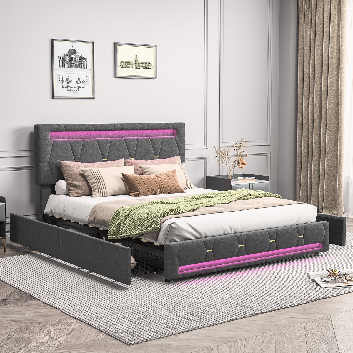Solvenrik LED Bed 160x200 Grijs – Gestoffeerd Linnen Opbergbed met 4 Lades – Tweepersoonsbed met Verstelbaar Hoofdbord & Afstandsbediening – Lattenbodem