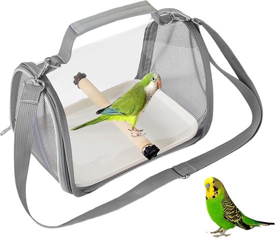 Vogeltransporttas - Draagtas voor vogels - Draagbare schoudertas voor huisdieren - Met houten stokje en lade - Draagbare transportkrat voor vogels - Grijs - 19 x 26 x 19 cm - Geschikt voor kleine dieren